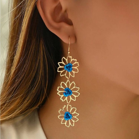 Gold Flower Earrings, Blue Rose Earrings - Picture 1 of 2